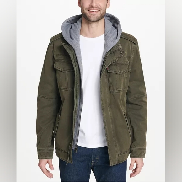 NWT Levi's Men's Olive Military Jacket with Gray Hood